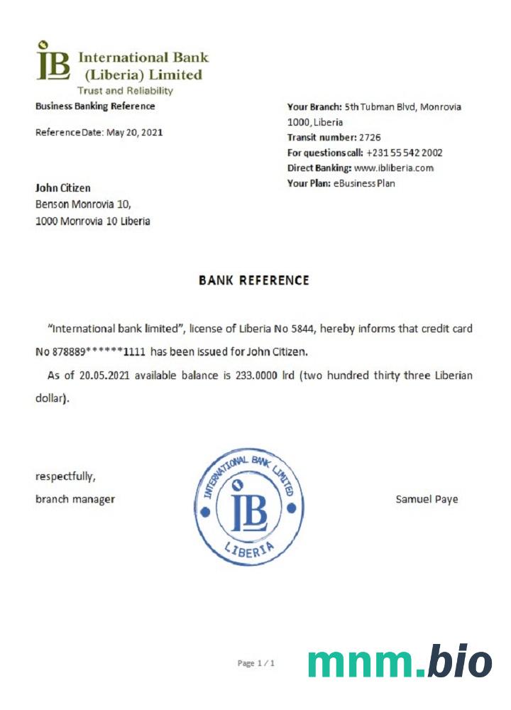 Przykład odniesienia Liberia Ib International Bank w formatach Word i PDF